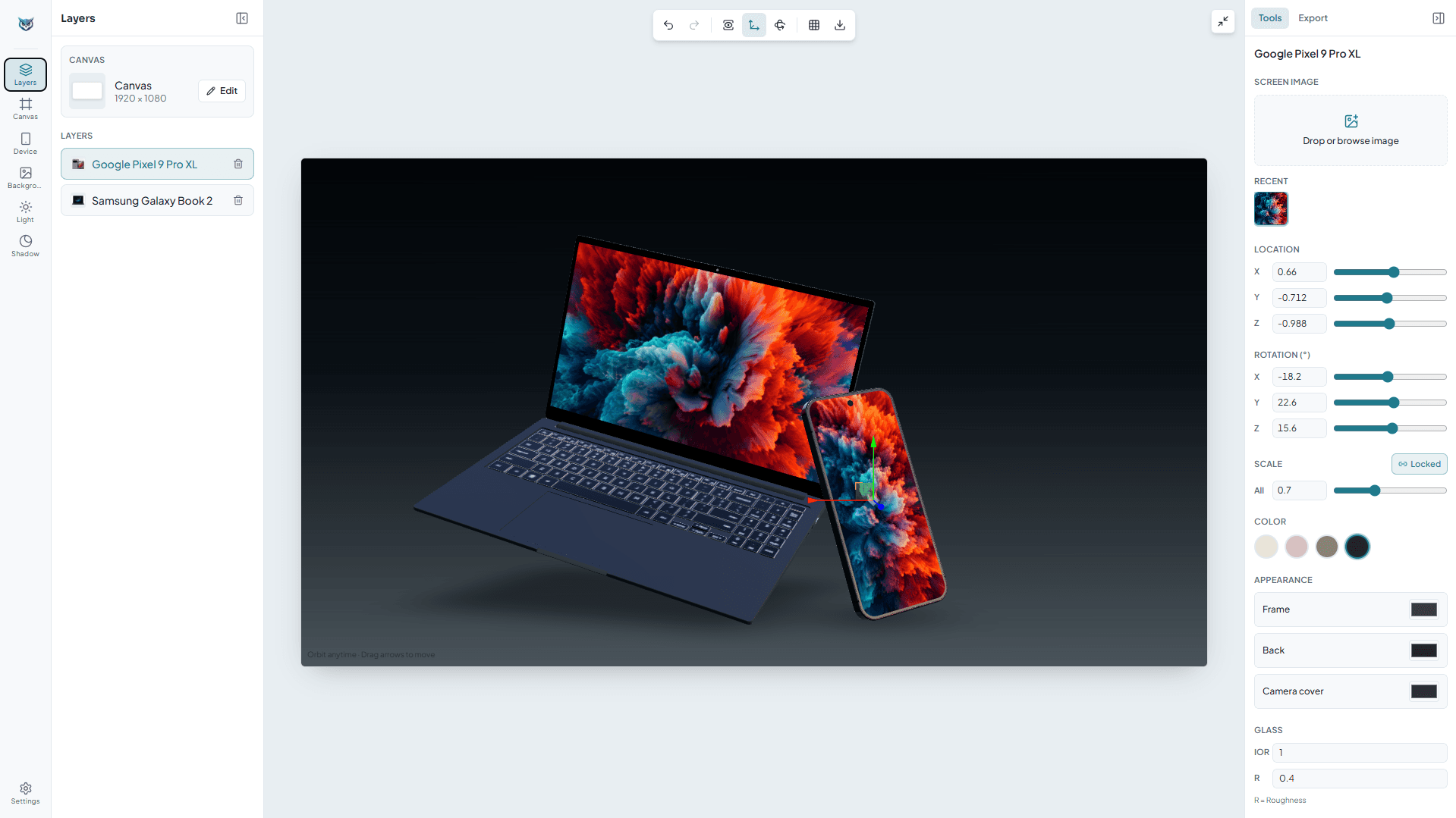 Mewix mockup editor with Pixel phone and Galaxy Book on a dark canvas