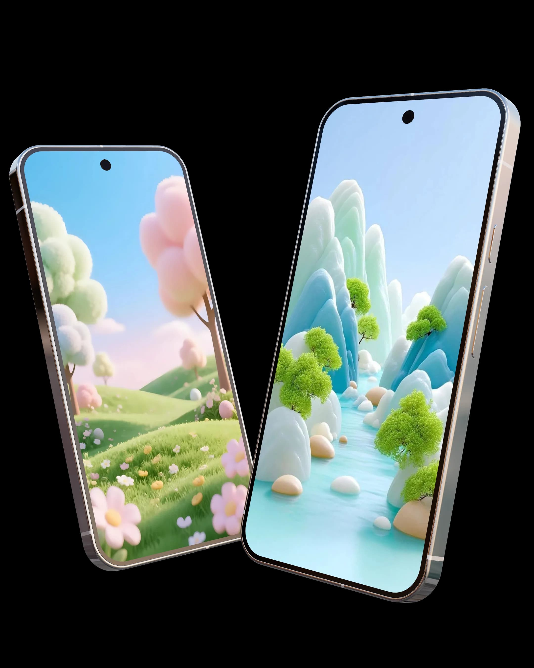 Android 3D phone mockup with colorful screen art on a dark studio backdrop